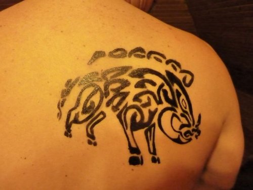Tribal Boar Head Tattoo On Right Back Shoulder