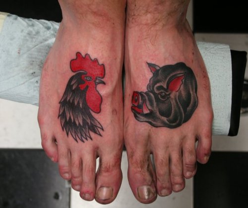 Rooster And Boar Head Tattoos On Feet