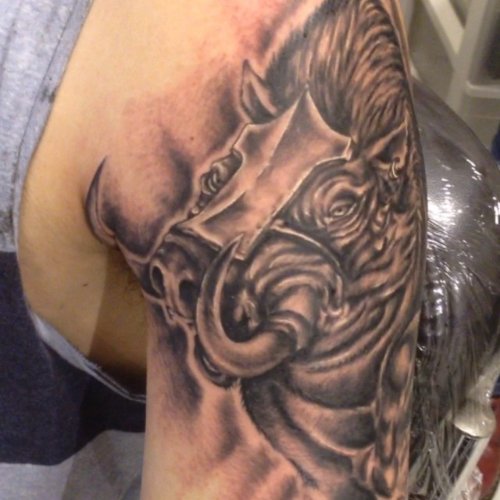Half Sleeve Grey Ink Boar Tattoo