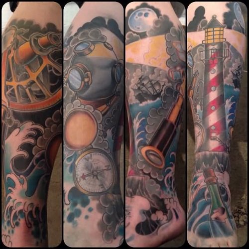 Nautical Compass And Lighthouse With Bottle Tattoo