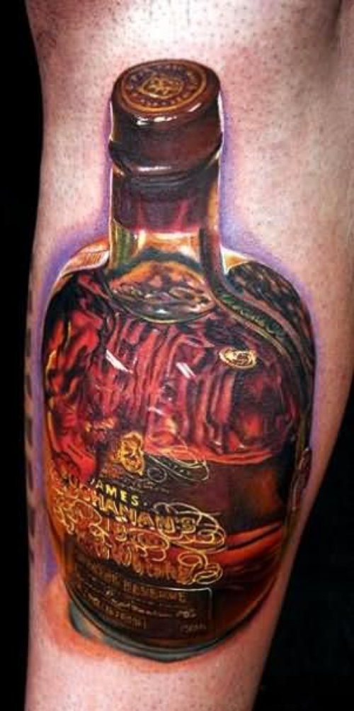 Color Ink Whisky Bottle Tattoo On Leg Sleeve