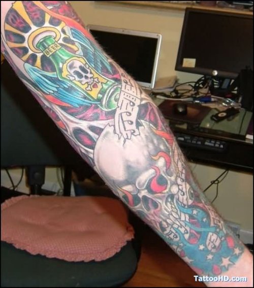 Colored Ink Left Sleeve Bottle Tattoo
