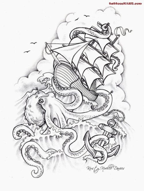 Octopus And Ship Tattoo Design