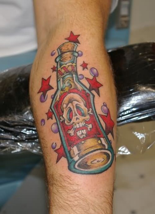 Dangerous Liquor Bottle Tattoo On Back Leg