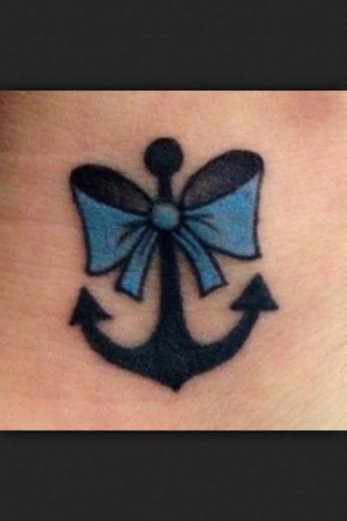 Black Anchor Tied With Blue Bow Tattoo