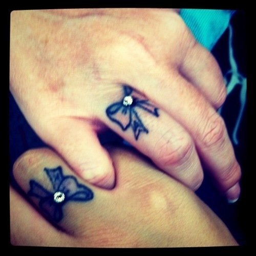 Diamond Bow Tattoos On Fingers For Couple
