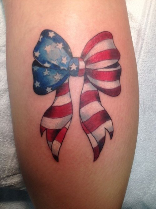 American Flag Bow Tattoo On Leg Calf
