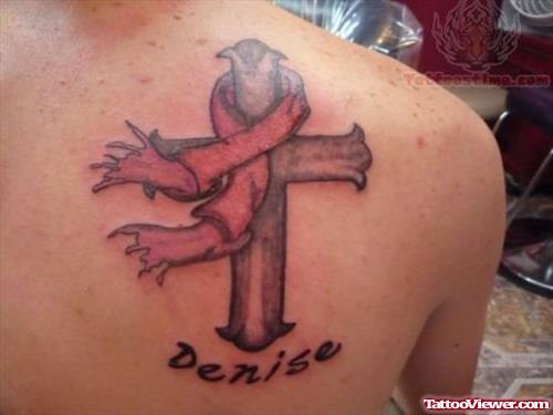 Crossa And Breast Cancer Tattoo On Back