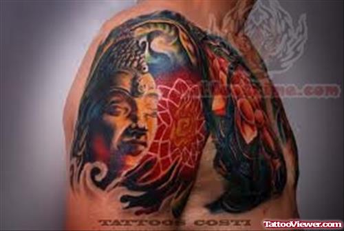 Black And Red Ink Buddha Tattoo