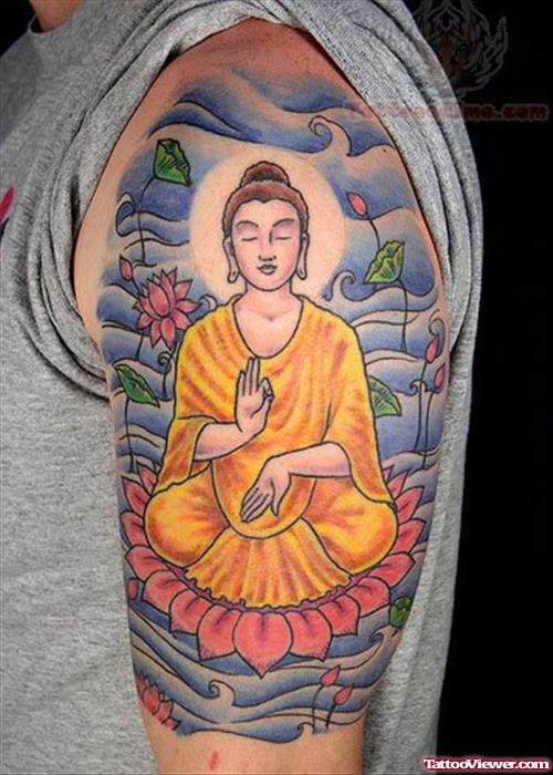 Buddha Religious Tattoo On Biceps