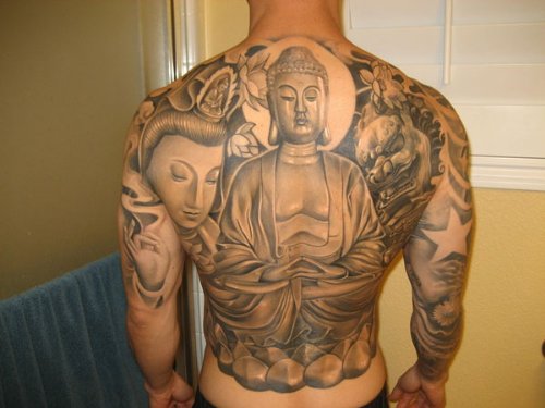 Grey Ink Buddha Tattoo On Full Back