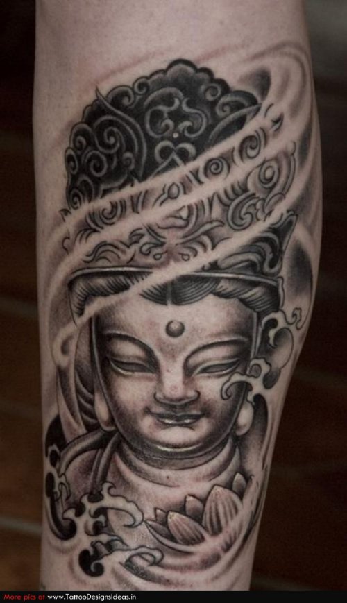 Grey Ink Lotus Flower And Buddha Tattoo On Arm