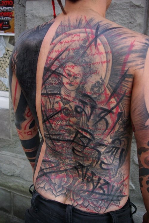 Colorful Buddhist Tattoo On Man Back Body