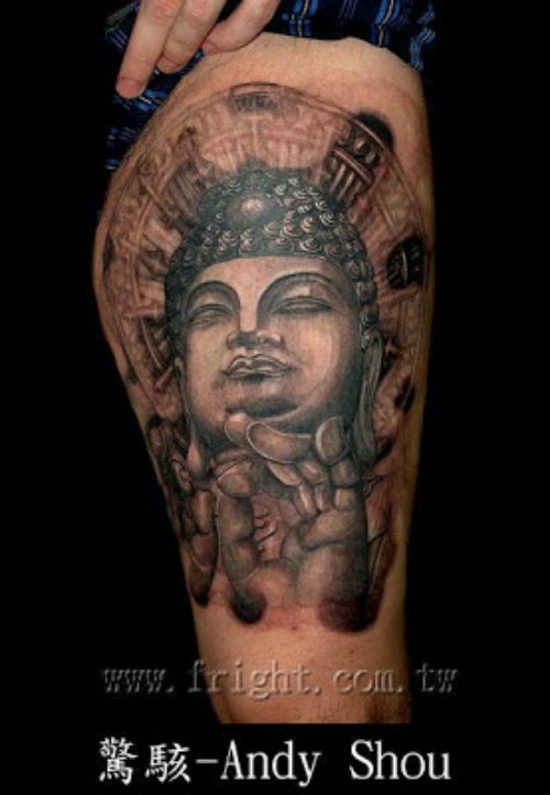 Grey Ink Buddhist Tattoo On Leg Sleeve