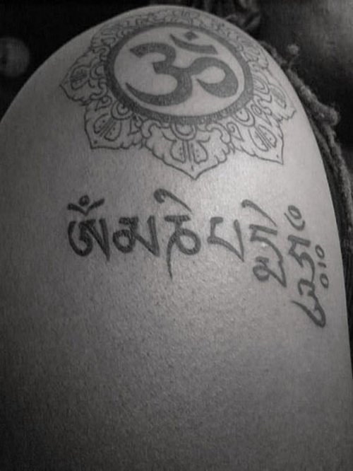 Grey Ink Shoulder Buddhist Tattoo