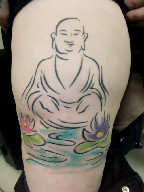 Colorful Lotus Flower And Buddhist Tattoo On Half Sleeve