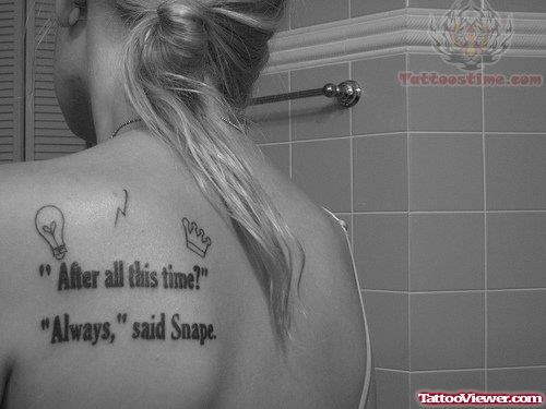 Bulb And Quote Tattoo On Back Shoulder