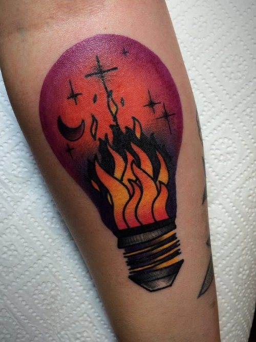 Fire In Bulb Tattoo On Forearm