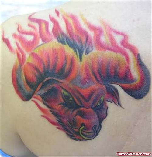 Flaming Head Bull Tattoo