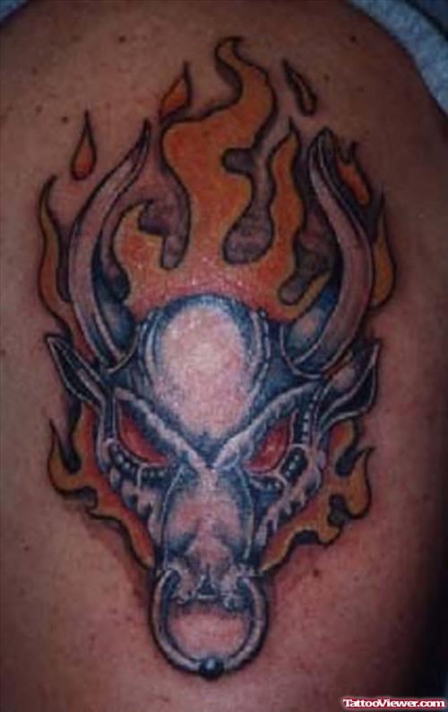 Fire Bull Tattoo On Shoulder