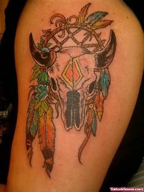 Bull Skull and Feathers Tattoo