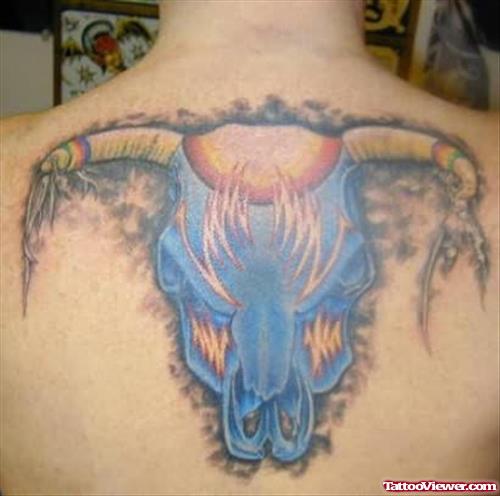 Colorful Skull Bull Tattoo On Back
