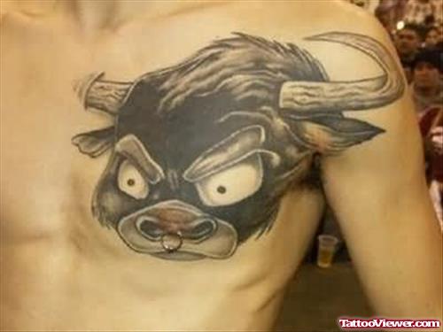 Black ink Bull Tattoo On Chest