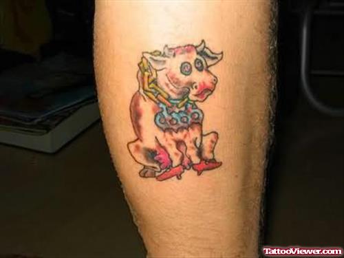 Funny Bull Tattoo On Leg