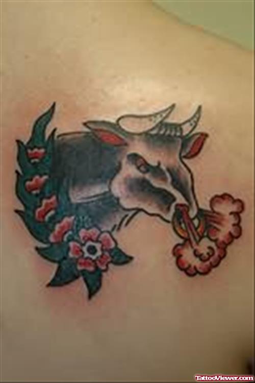Bull Tattoo On Back Shoulder