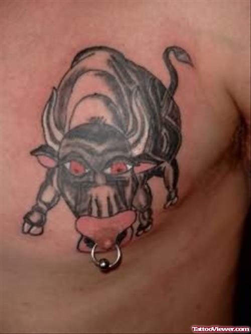 A Raging Bull Tattoo With Nose Pierced On Chest