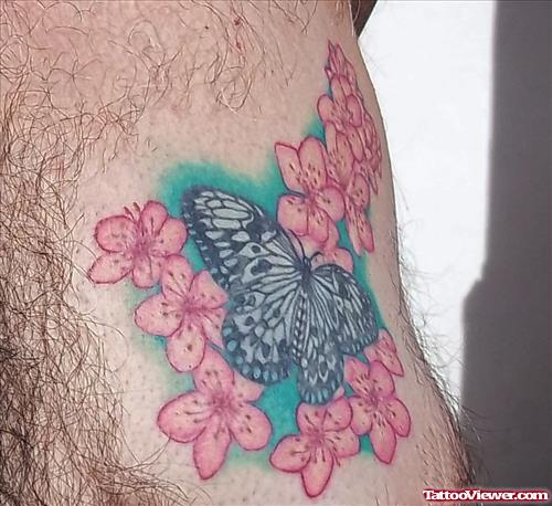 Butterfly On Cherry Blossoms Flowers Tattoo On Chest