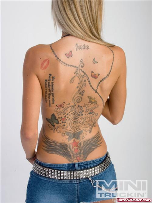 Winged Stars And Butterflies Tattoos On Girl Back