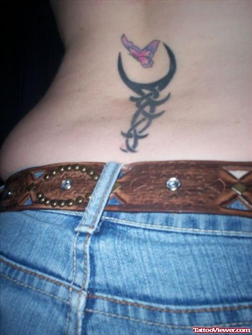 Tribal Moon And Butterfly Tattoo On Lowerback