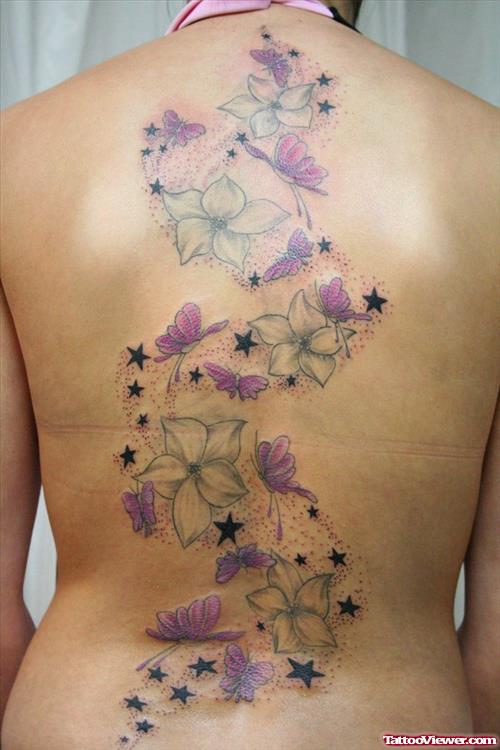 Stars, Flowers And Pink Butterflies Tattoo On Back