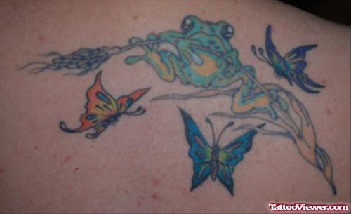 Frog And Colored Butterflies Tattoo On Back