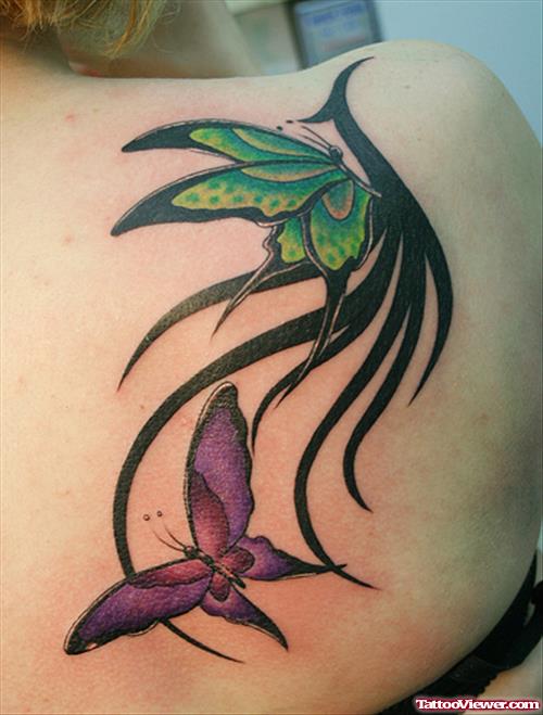 Colored Unique Butterfly Tattoo On Right Back Shoulder