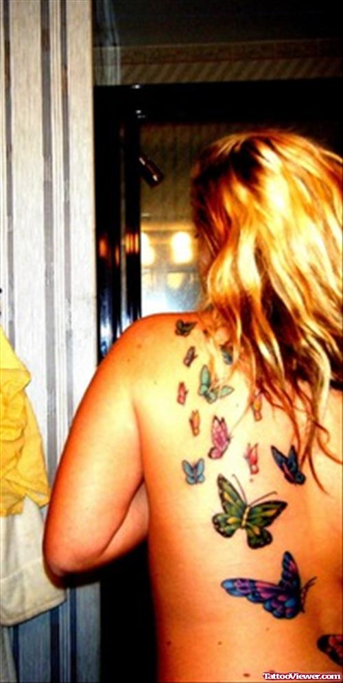 Colored Ink Butterflies Tattoos On Back