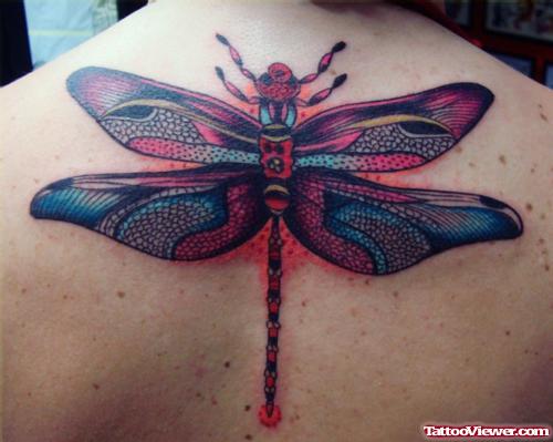 Colored Dragonfly Tattoo On Upperback