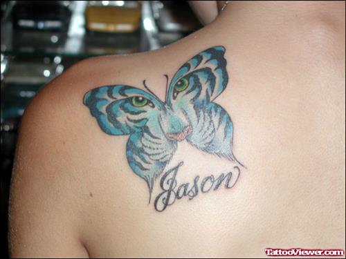 Blue Ink Jaosn Tiger Face Butterfly Tattoo On Left Back Shoulder