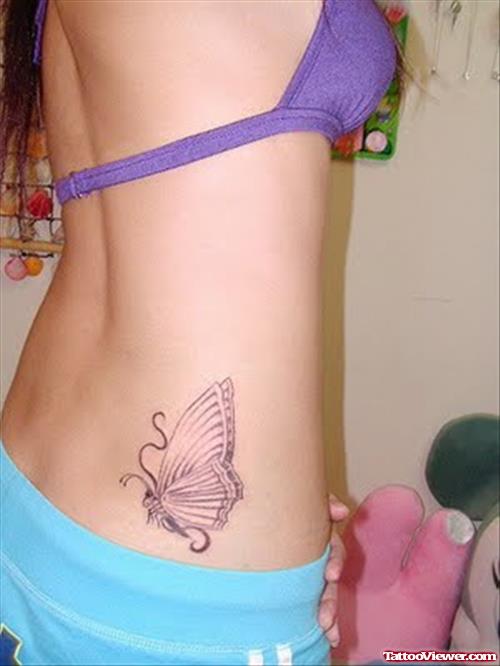 Attractive Grey Ink Butterfly Tattoo On Side