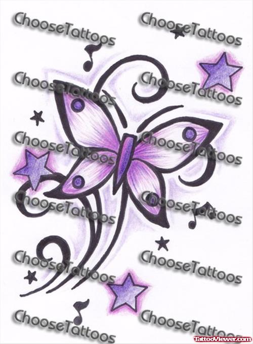 Purple Stars And Butterfly Tattoo Design