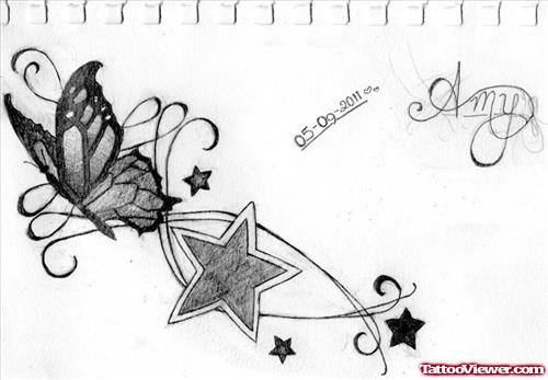 Grey Ink Stars And Butterfly Tattoo Design