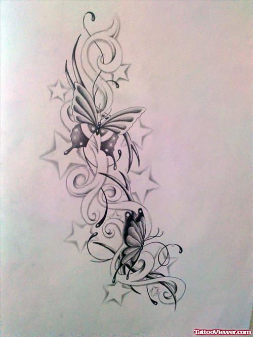 Awesome Stars And Butterfly Tattoo Design