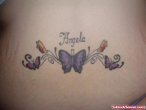 Angela, Colored Butterflies Tattoo On Lowerback
