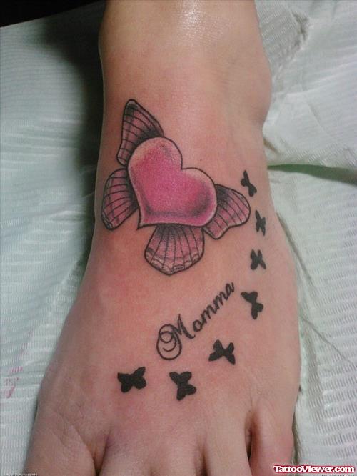Pink Heart Butterfly And Black Butterflies Tattoos On Left Foot