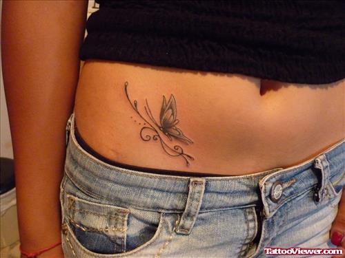 Grey Ink Butterfly Tattoo On Right Hip