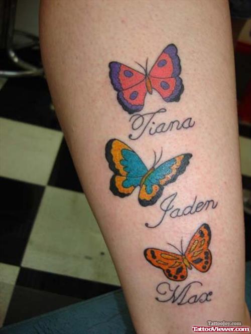Colored Butterflies With Names Tattoo On Leg
