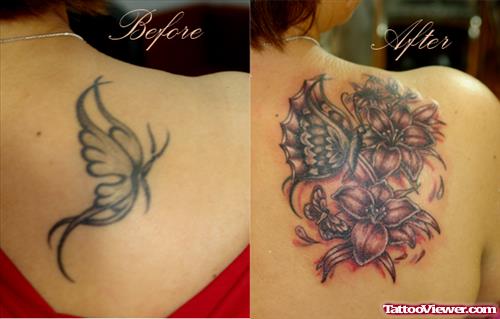 Butterfly And Flowers Tattoos On Back