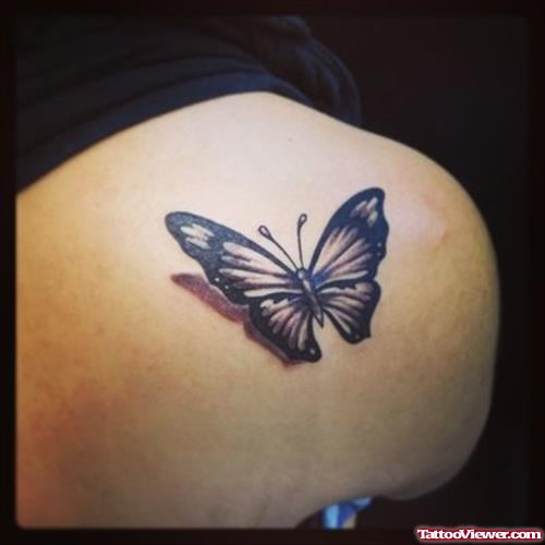 Wonderful Grey Ink Butterfly Tattoo On Right Back Shoulder