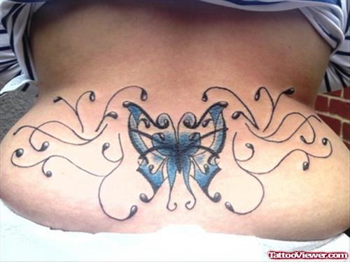 Blue Ink Butterflies Tattoos On Lowerback